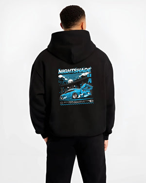 Black hoodie worn by a male model, back view, featuring Nissan GT-R R35 gt r r35 skyline racing drift jdm japanese tokyo graphic.