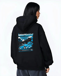 Black hoodie worn by a female model, back view, featuring Nissan GT-R R35 gt r r35 skyline racing drift jdm japanese tokyo graphic.