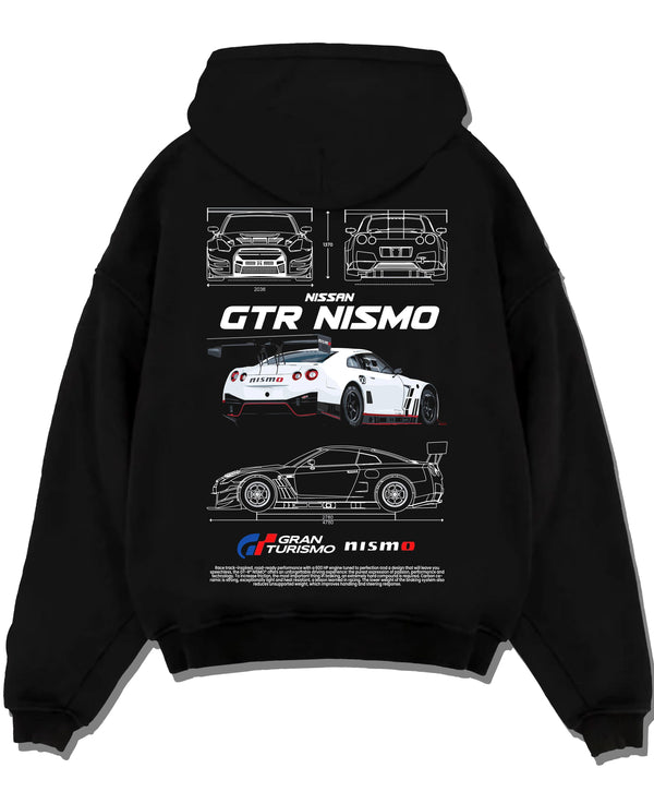 Black pullover hoodie laid flat on a white background, featuring Nissan Skyline R34 gtr r34 skyline turbo turbocharged nis7.