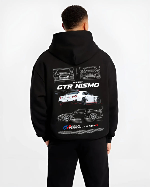 Black hoodie worn by a male model, back view, featuring Nissan Skyline R34 gtr r34 skyline turbo turbocharged racing drift nis7.