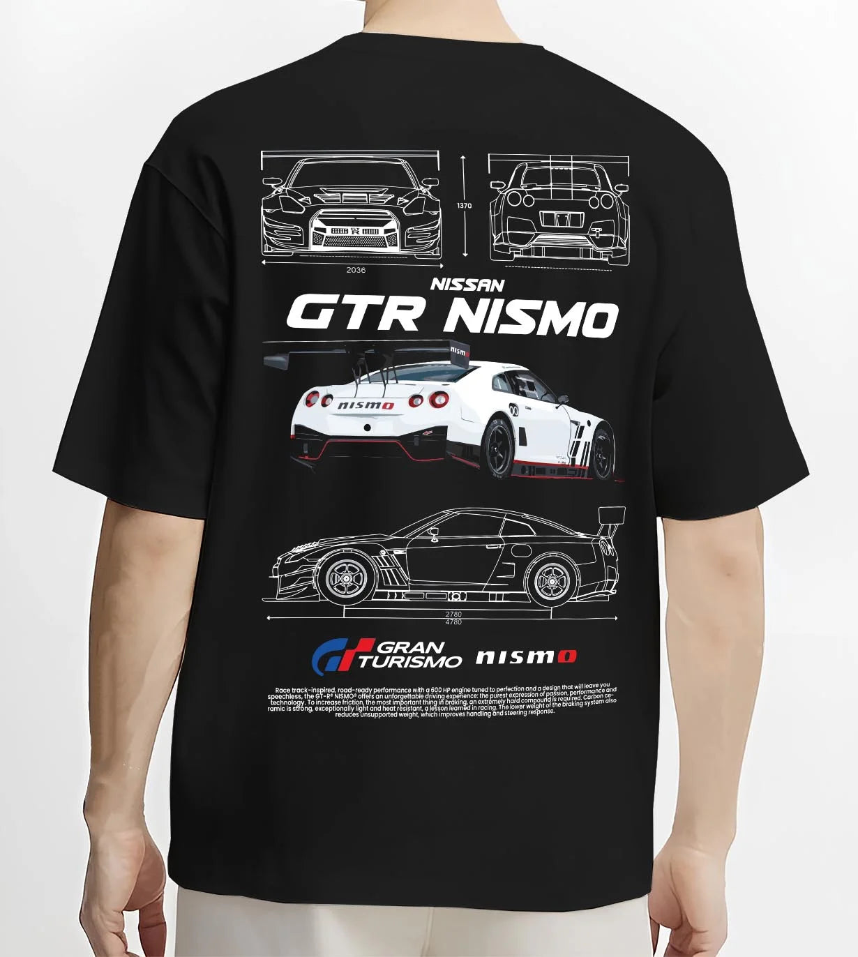Black T-shirt worn by a male model, back view, featuring Nissan Skyline R34 gtr r34 skyline turbo turbocharged racing drift nis7.