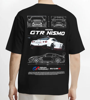 Black T-shirt worn by a male model, back view, featuring Nissan Skyline R34 gtr r34 skyline turbo turbocharged racing drift nis7.