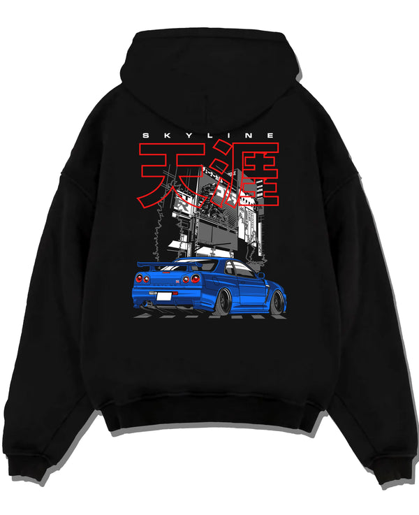 Black pullover hoodie laid flat on a white background, featuring Nissan GT-R gt r turbo turbocharged racing drift jdm graphic.