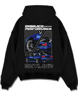 Black pullover hoodie laid flat on a white background, featuring Nissan SKYLINE r32 turbo turbocharged racing drift jdm graphic.
