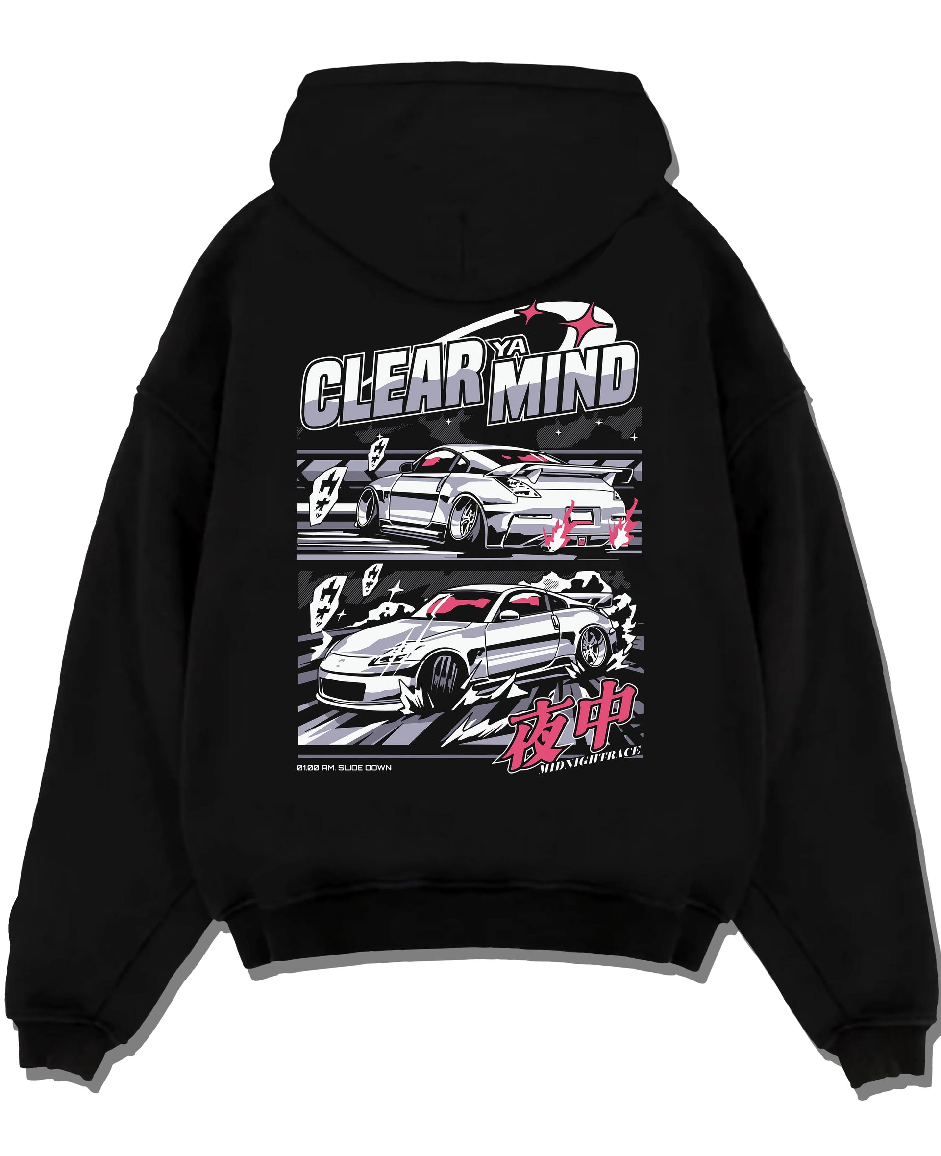 Black pullover hoodie laid flat on a white background, featuring Nissan race drift jdm japanese tuner street midnight graphic.