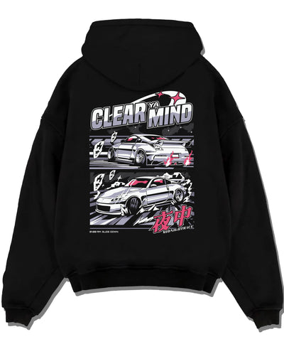 Black pullover hoodie laid flat on a white background, featuring Nissan race drift jdm japanese tuner street midnight graphic.