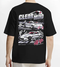 Black T-shirt worn by a male model, back view, featuring Nissan race drift jdm japanese tuner street midnight graphic.