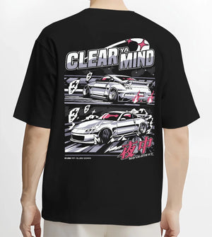 Black T-shirt worn by a male model, back view, featuring Nissan race drift jdm japanese tuner street midnight graphic.