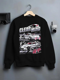Black crewneck sweatshirt on a hanger against a grey wall, featuring Nissan race drift jdm japanese tuner street midnight graphic.
