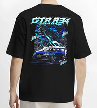 Black T-shirt worn by a male model, back view, featuring Nissan Skyline R34 gtr r34 skyline racing drift jdm japanese tuner graphic.