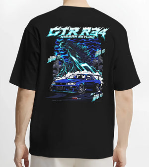 Black T-shirt worn by a male model, back view, featuring Nissan Skyline R34 gtr r34 skyline racing drift jdm japanese tuner graphic.