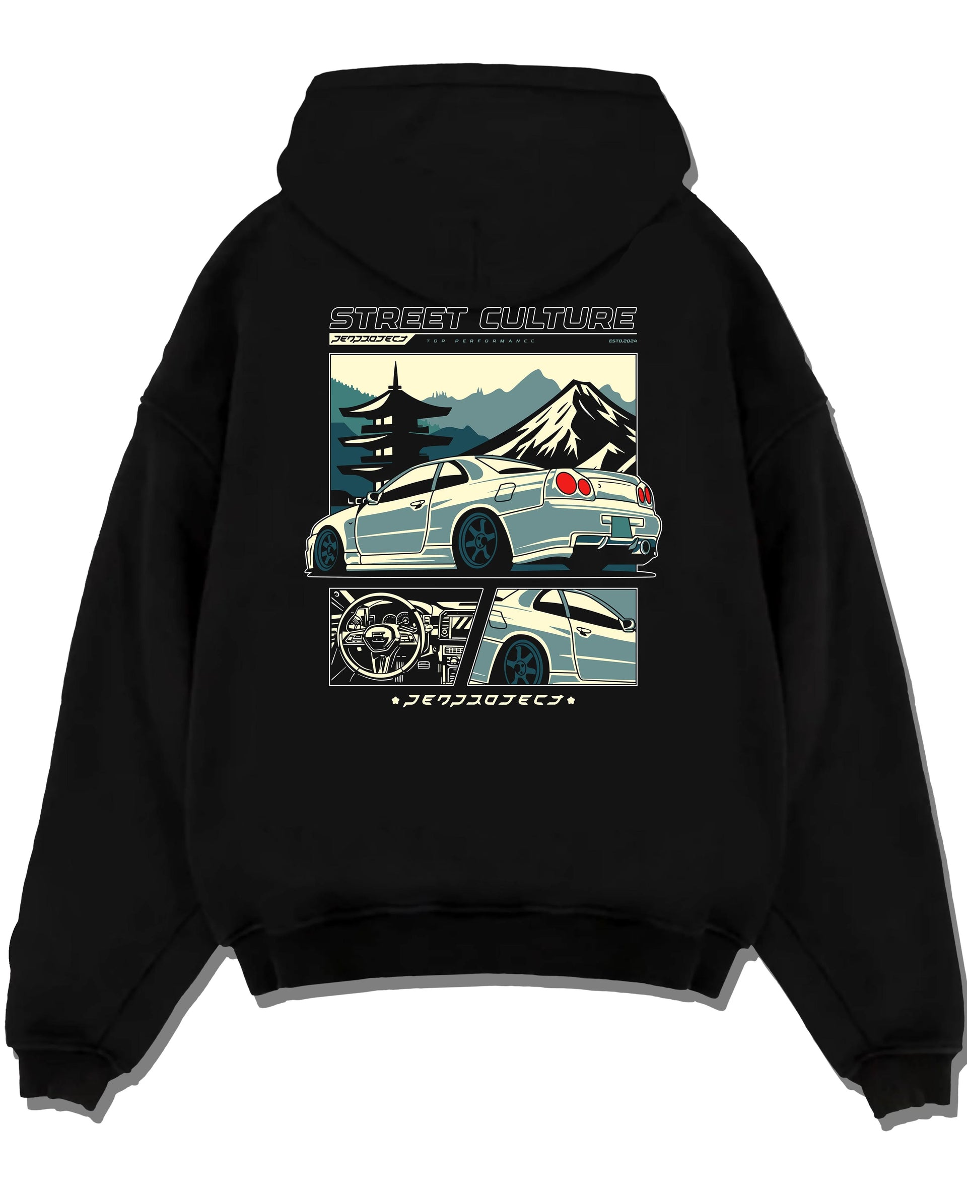 Black pullover hoodie laid flat on a white background, featuring Nissan Skyline drift jdm japanese tuner street retro graphic.