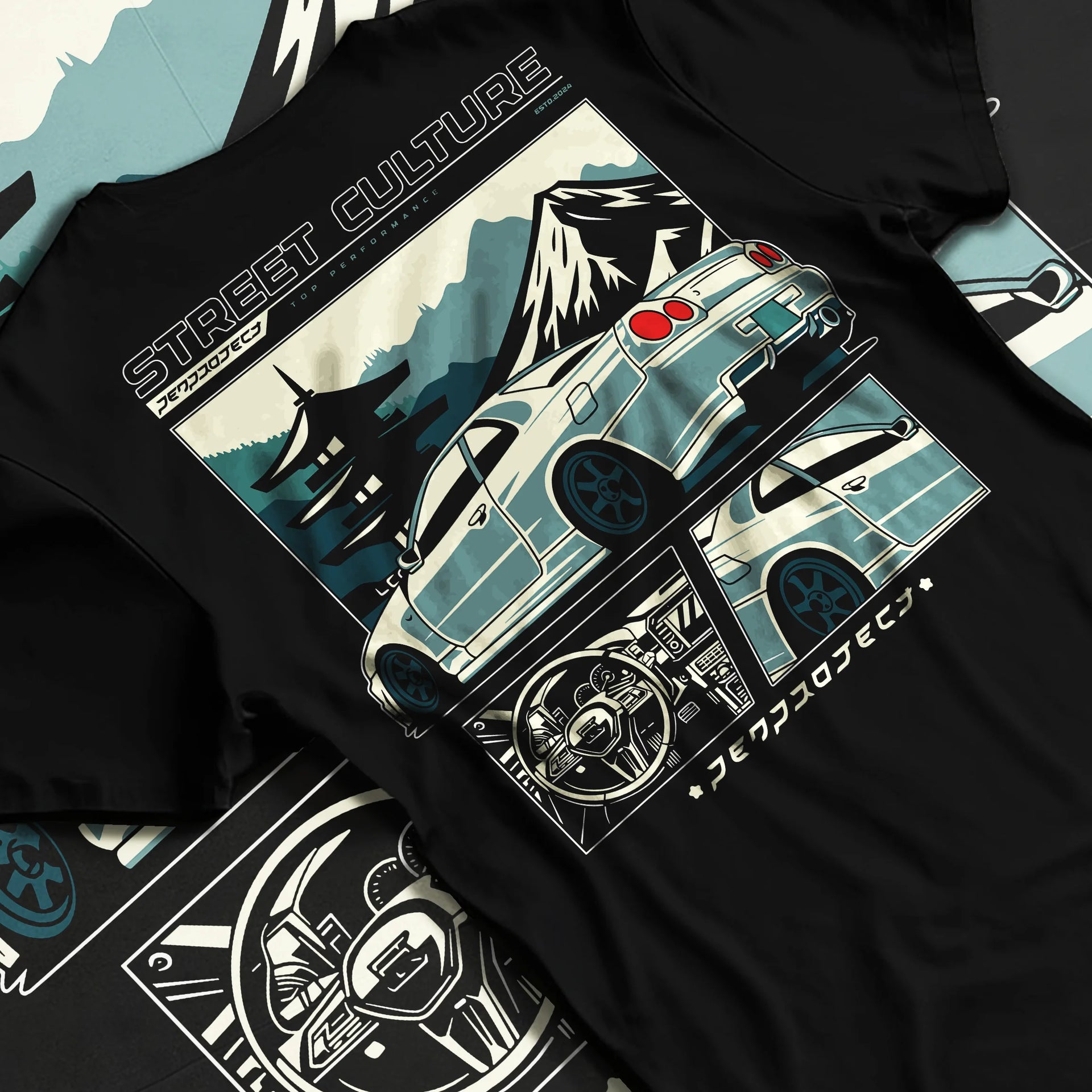 Black T-shirt laid flat with natural fabric folds, featuring Nissan Skyline drift jdm japanese tuner street retro graphic.