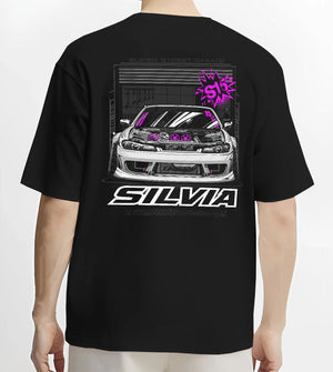 Black T-shirt worn by a male model, back view, featuring Nissan Silvia S15 silvia turbo drift jdm tuner street graphic.
