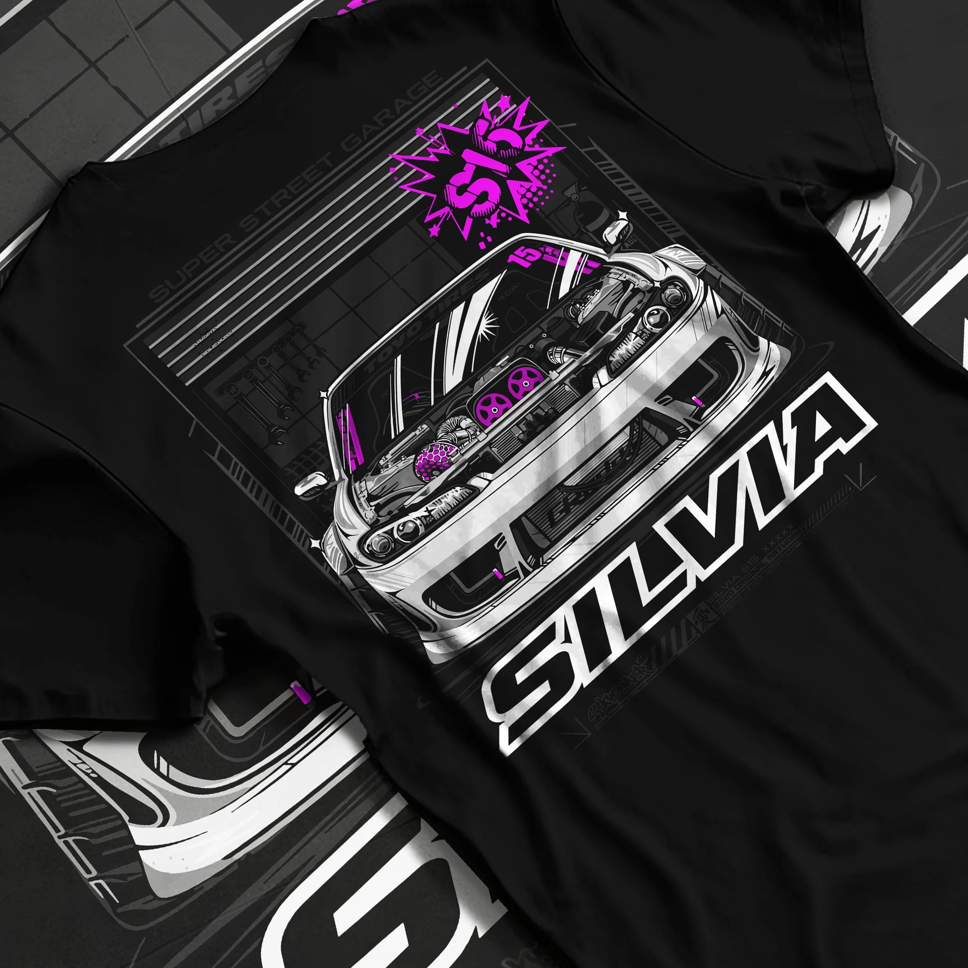 Black T-shirt laid flat with natural fabric folds, featuring Nissan Silvia S15 silvia turbo drift jdm tuner street graphic.