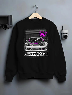 Black crewneck sweatshirt on a hanger against a grey wall, featuring Nissan Silvia S15 silvia turbo drift jdm tuner street graphic.