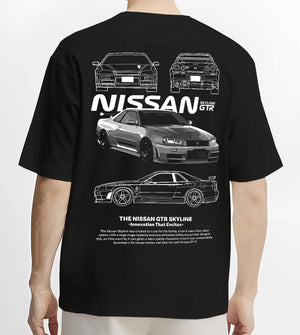Black T-shirt worn by a male model, back view, featuring Nissan Skyline R34 gtr r34 skyline drift jdm japanese tuner street graphic.
