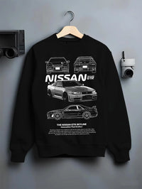 Black crewneck sweatshirt on a hanger against a grey wall, featuring Nissan Skyline R34 gtr r34 skyline drift jdm japanese graphic.