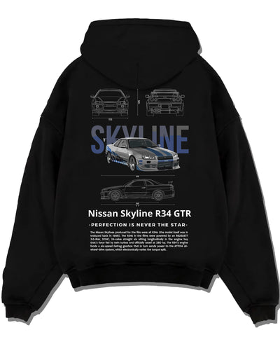 Black pullover hoodie laid flat on a white background, featuring Nissan Skyline R34 r34 skyline drift jdm japanese tuner graphic.