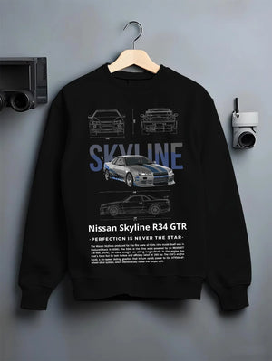 Black crewneck sweatshirt on a hanger against a grey wall, featuring Nissan Skyline R34 r34 skyline drift jdm japanese graphic.