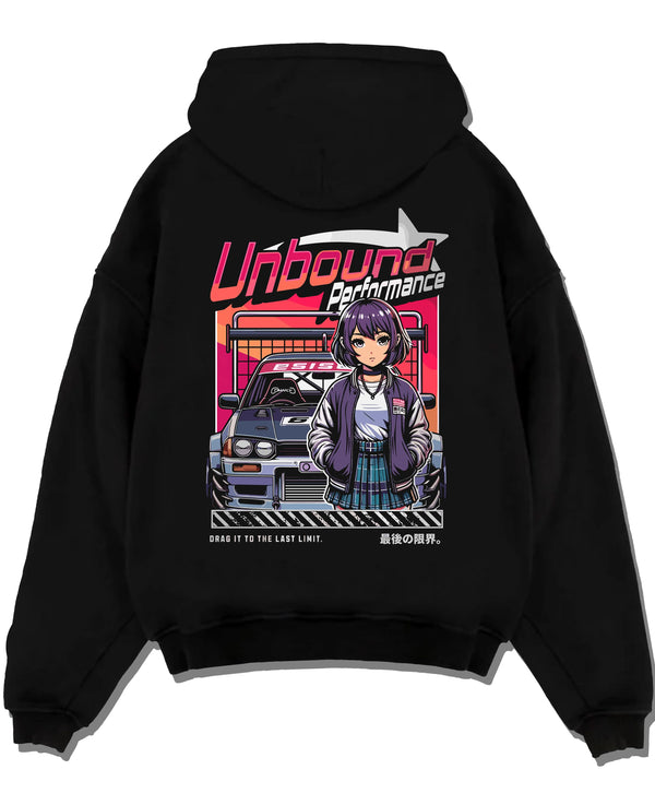 Black pullover hoodie laid flat on a white background, featuring SKYLINE racing drift jdm japanese street performance graphic.