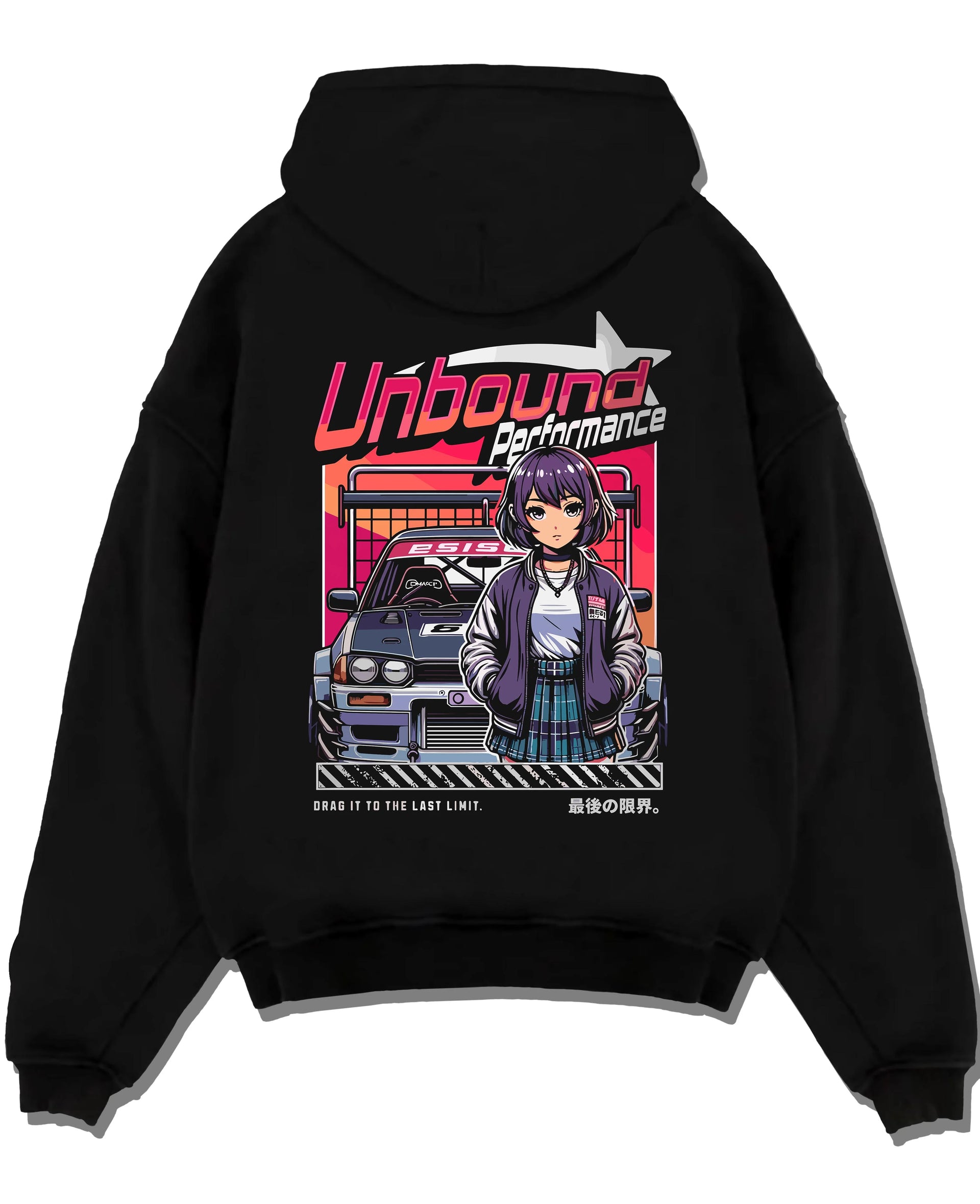 Black pullover hoodie laid flat on a white background, featuring SKYLINE racing drift jdm japanese street performance graphic.