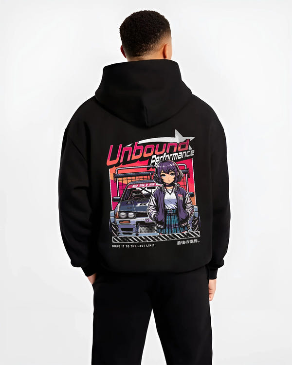 Black hoodie worn by a male model, back view, featuring SKYLINE racing drift jdm japanese street performance motorsport graphic.