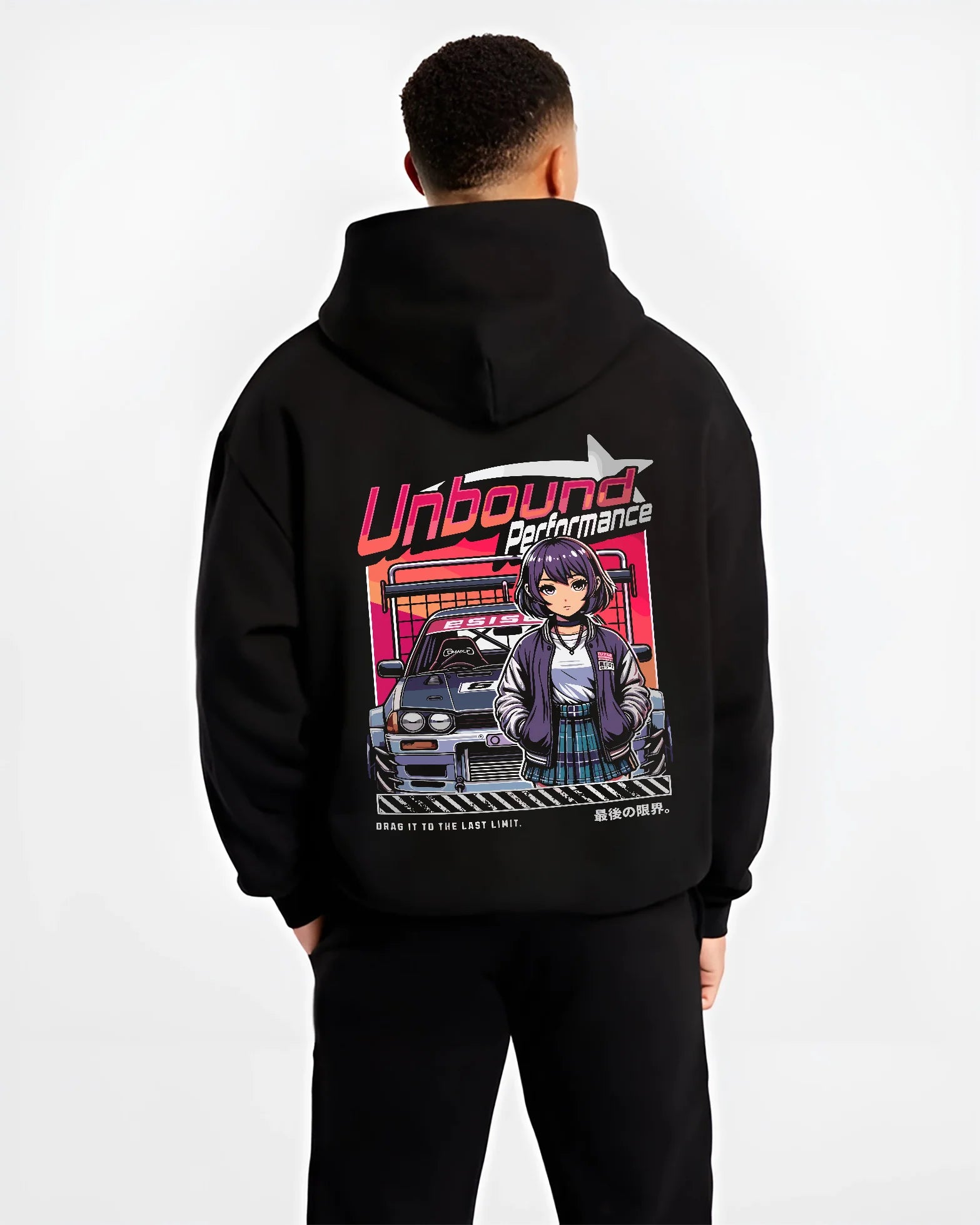 Black hoodie worn by a male model, back view, featuring SKYLINE racing drift jdm japanese street performance motorsport graphic.