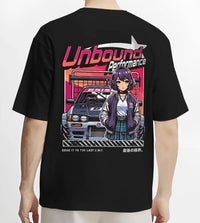 Black T-shirt worn by a male model, back view, featuring SKYLINE racing drift jdm japanese street performance motorsport graphic.