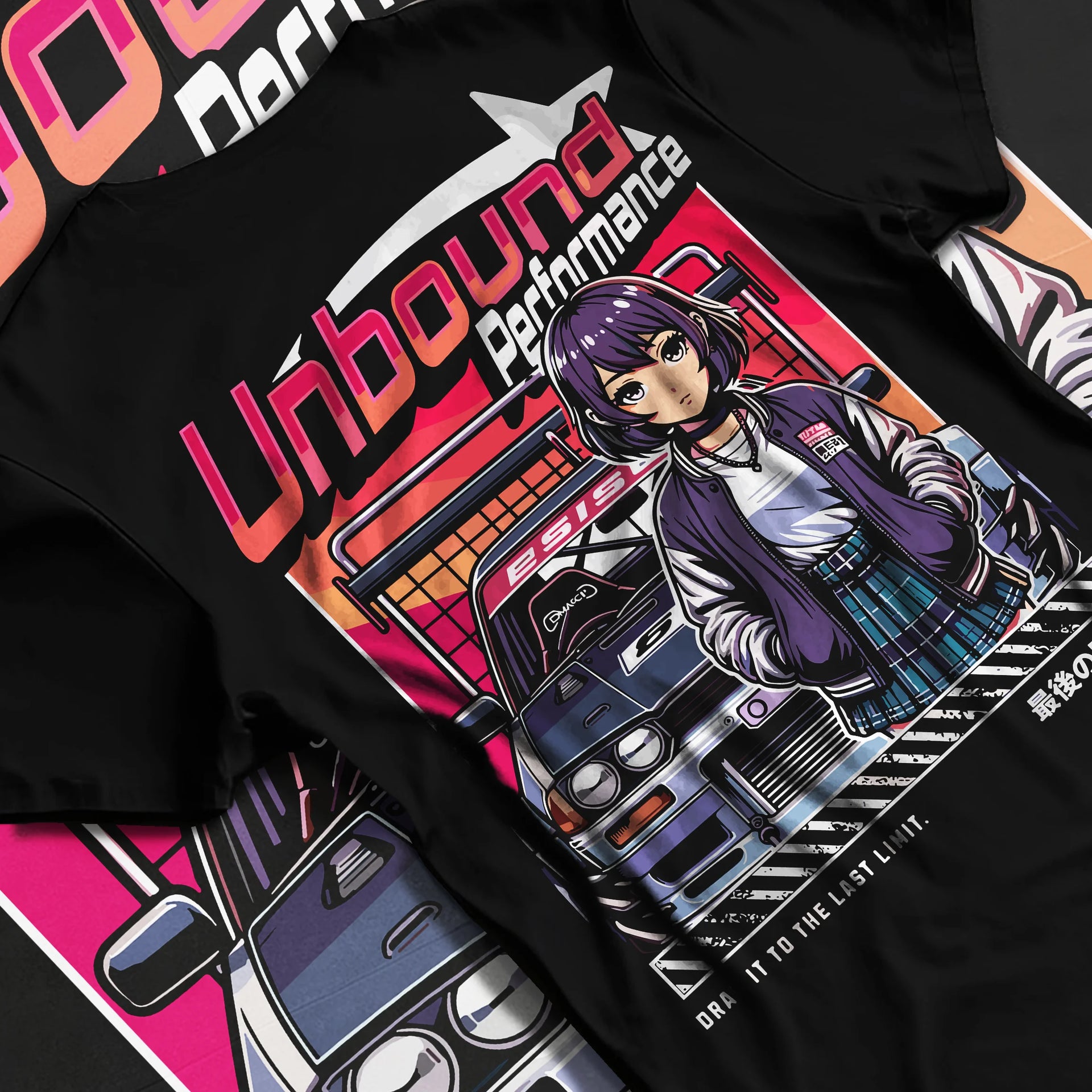 Black T-shirt laid flat with natural fabric folds, featuring SKYLINE racing drift jdm japanese street performance graphic.