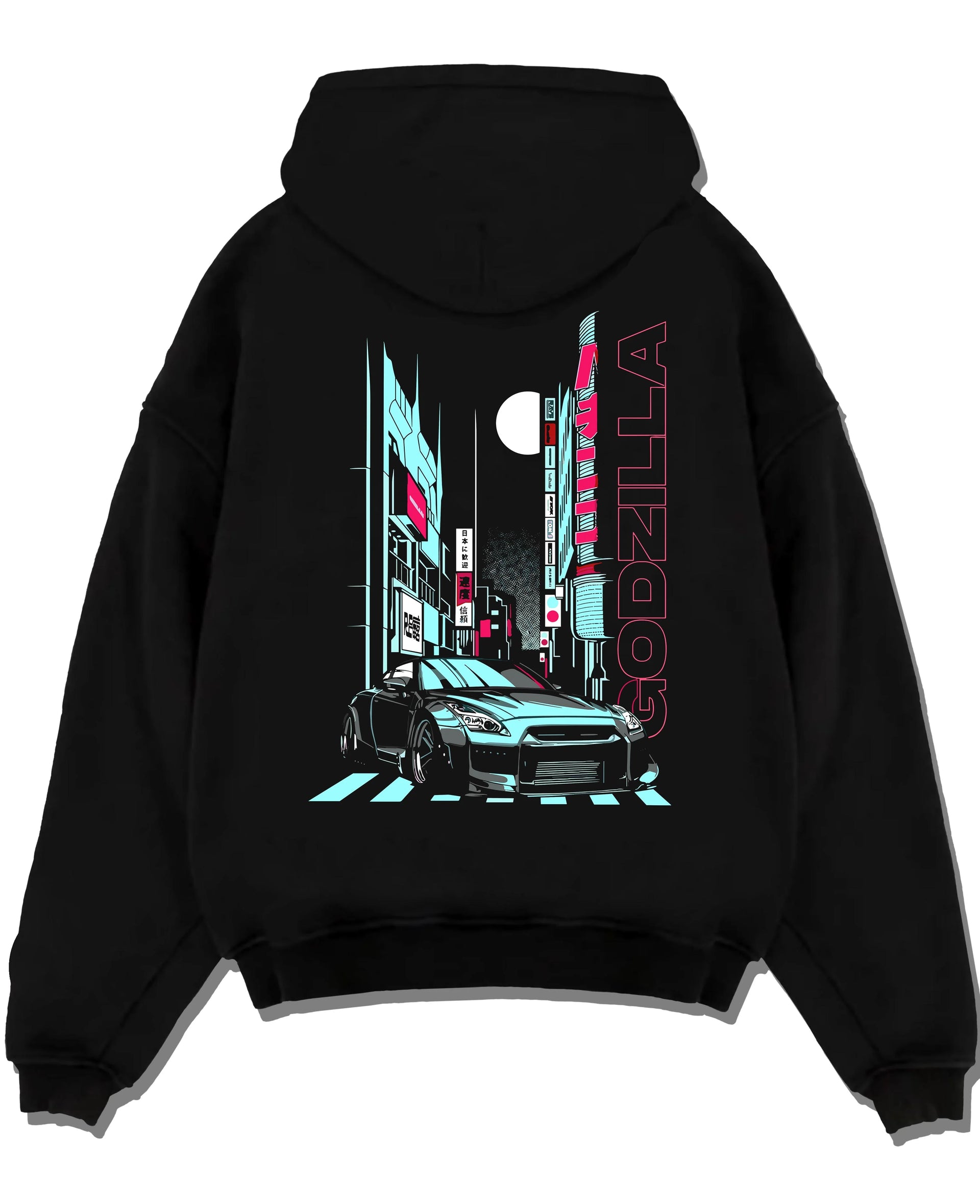 Black pullover hoodie laid flat on a white background, featuring Nissan GT-R gtr skyline racing drift jdm japanese street graphic.