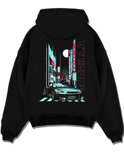 Black pullover hoodie laid flat on a white background, featuring Nissan GT-R gtr skyline racing drift jdm japanese street graphic.