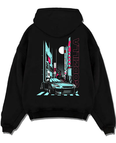 Black pullover hoodie laid flat on a white background, featuring Nissan GT-R gtr skyline racing drift jdm japanese street graphic.