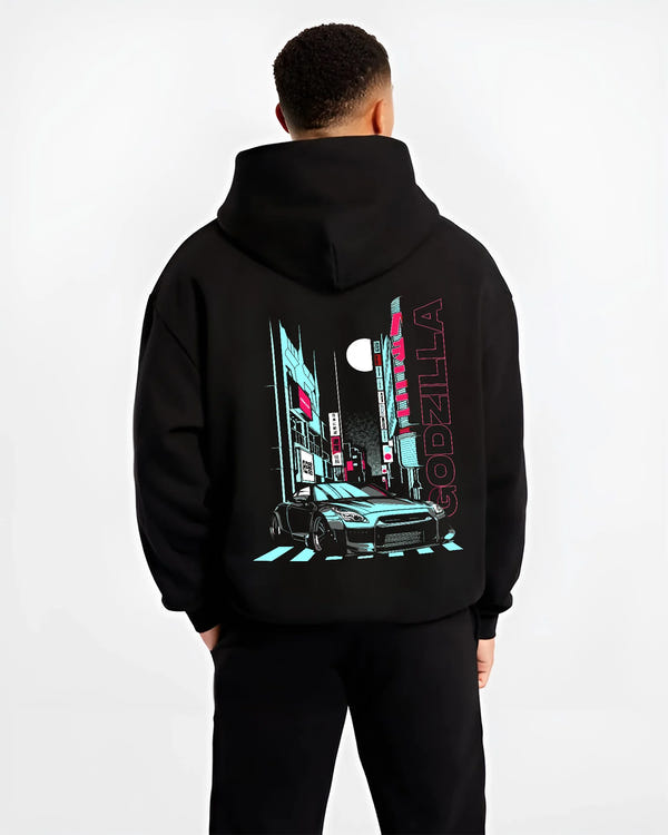 Black hoodie worn by a male model, back view, featuring Nissan GT-R gtr skyline racing drift jdm japanese street graphic.