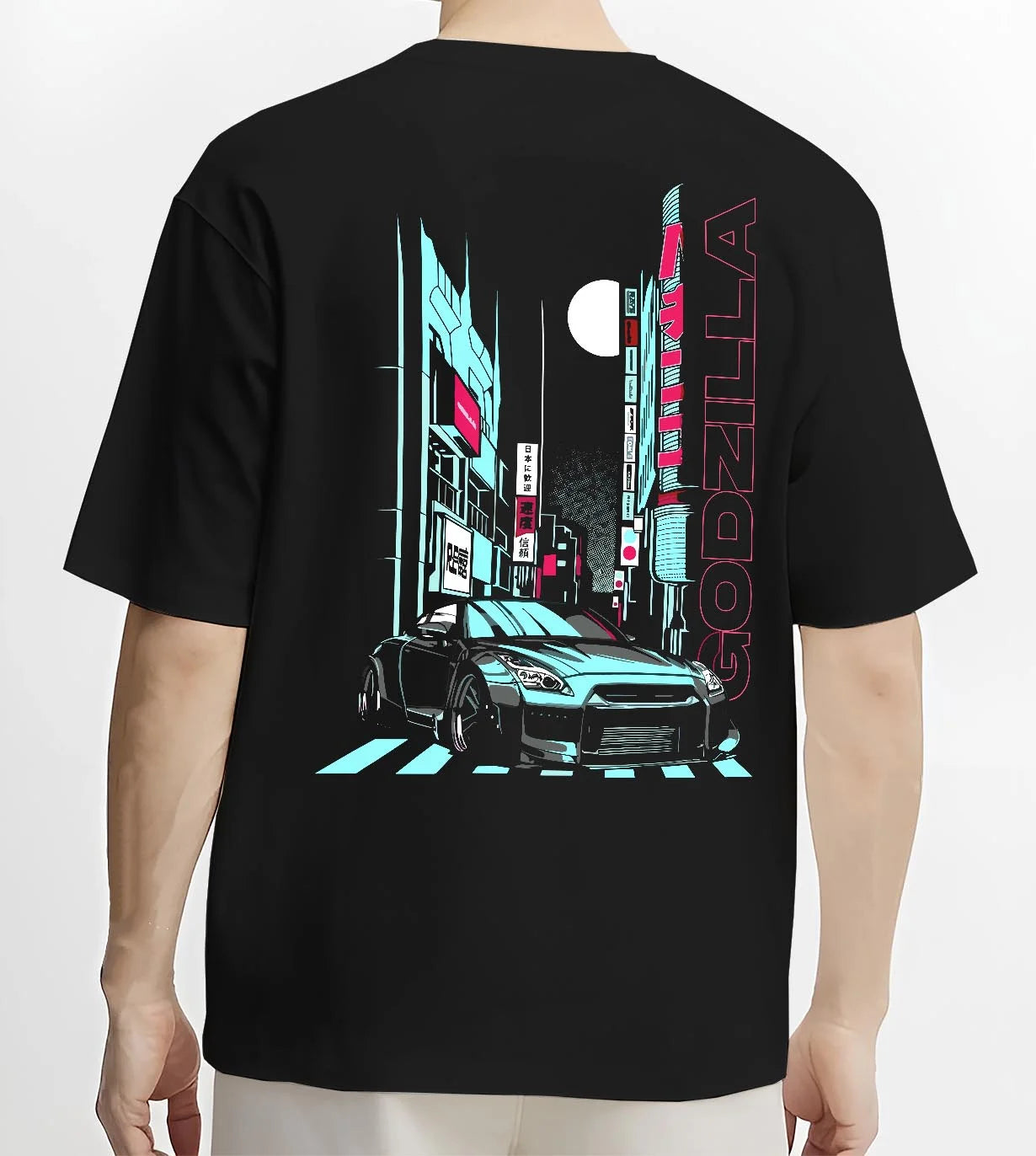 Black T-shirt worn by a male model, back view, featuring Nissan GT-R gtr skyline racing drift jdm japanese street graphic.