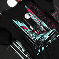 Black T-shirt laid flat with natural fabric folds, featuring Nissan GT-R gtr skyline racing drift jdm japanese street graphic.