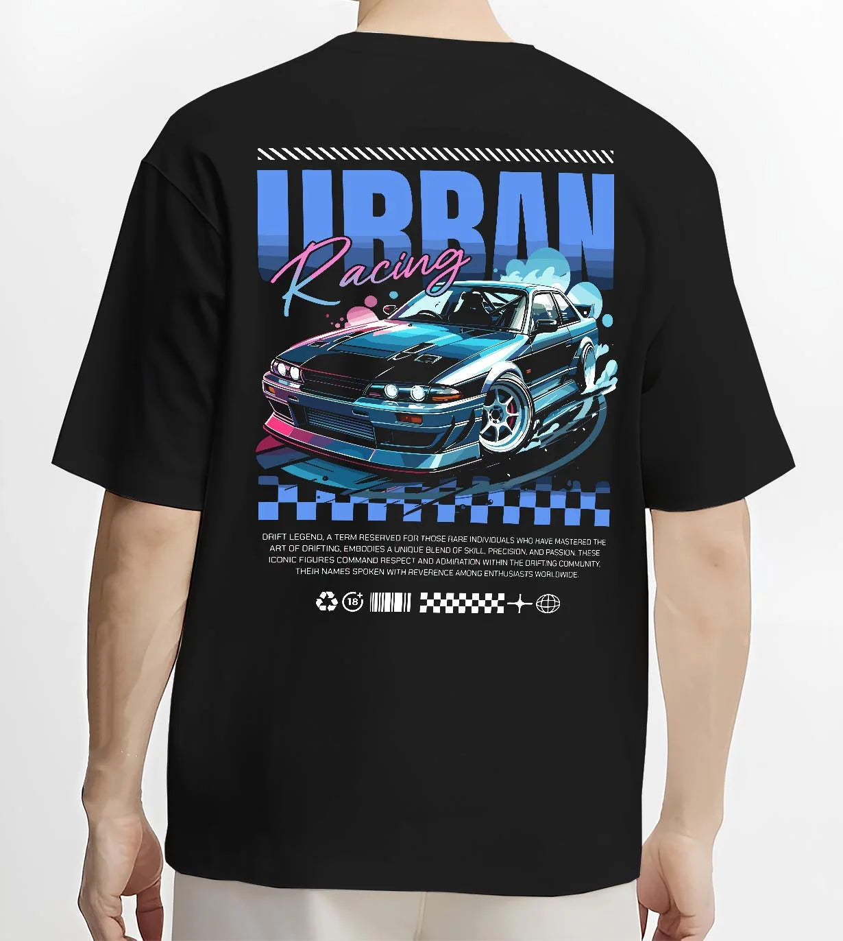 Black T-shirt worn by a male model, back view, featuring Nissan Skyline racing drift jdm japanese street retro graphic.