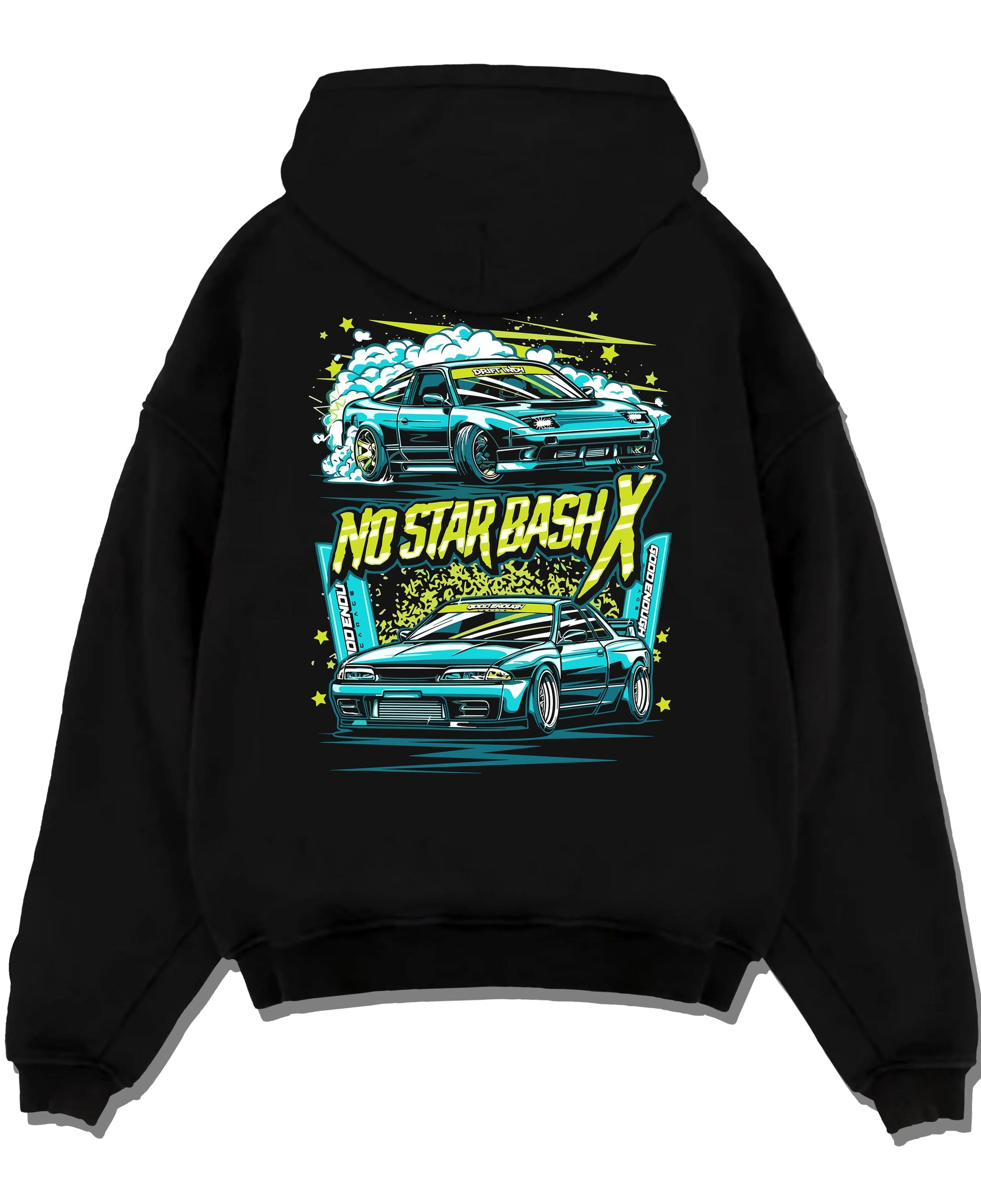 Black pullover hoodie laid flat on a white background, featuring STI street racing performance motorsport automotive graphic.
