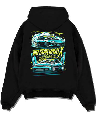 Black pullover hoodie laid flat on a white background, featuring STI street racing performance motorsport automotive graphic.