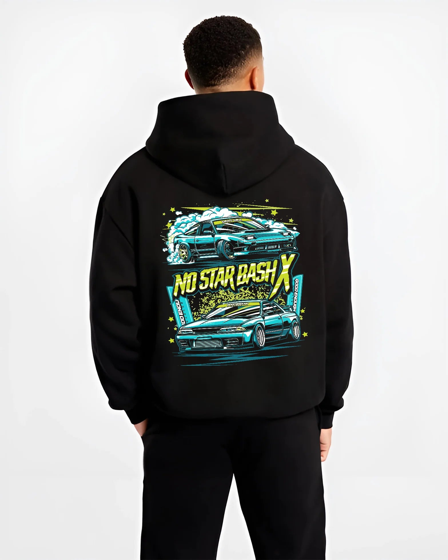 Black hoodie worn by a male model, back view, featuring STI street racing performance motorsport automotive enthusiast graphic.
