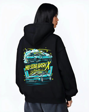Black hoodie worn by a female model, back view, featuring STI street racing performance motorsport automotive enthusiast graphic.