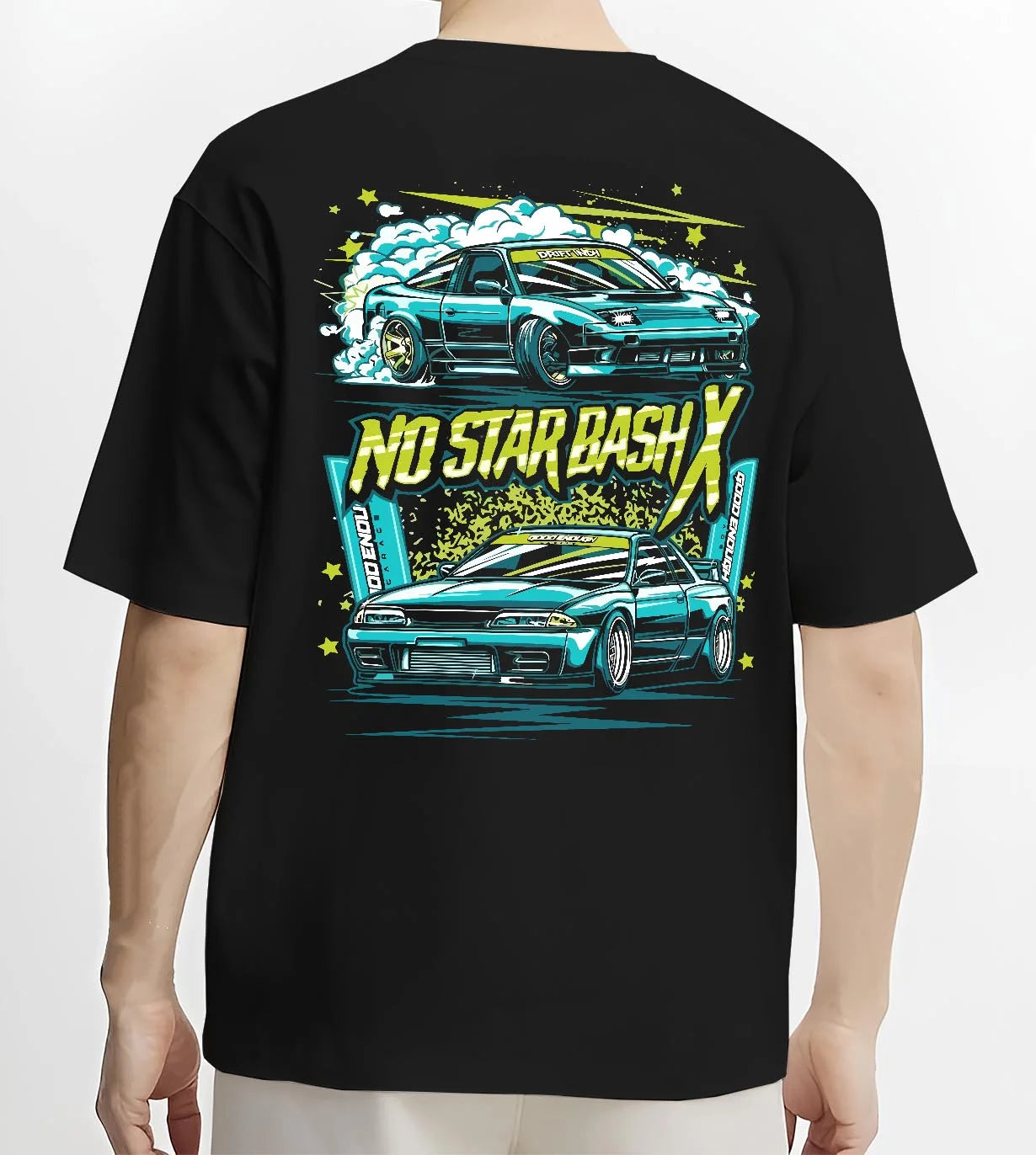 Black T-shirt worn by a male model, back view, featuring STI street racing performance motorsport automotive enthusiast graphic.