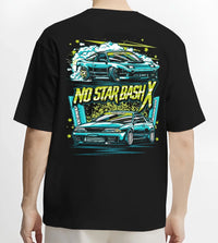 Black T-shirt worn by a male model, back view, featuring STI street racing performance motorsport automotive enthusiast graphic.