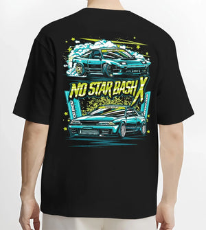 Black T-shirt worn by a male model, back view, featuring STI street racing performance motorsport automotive enthusiast graphic.