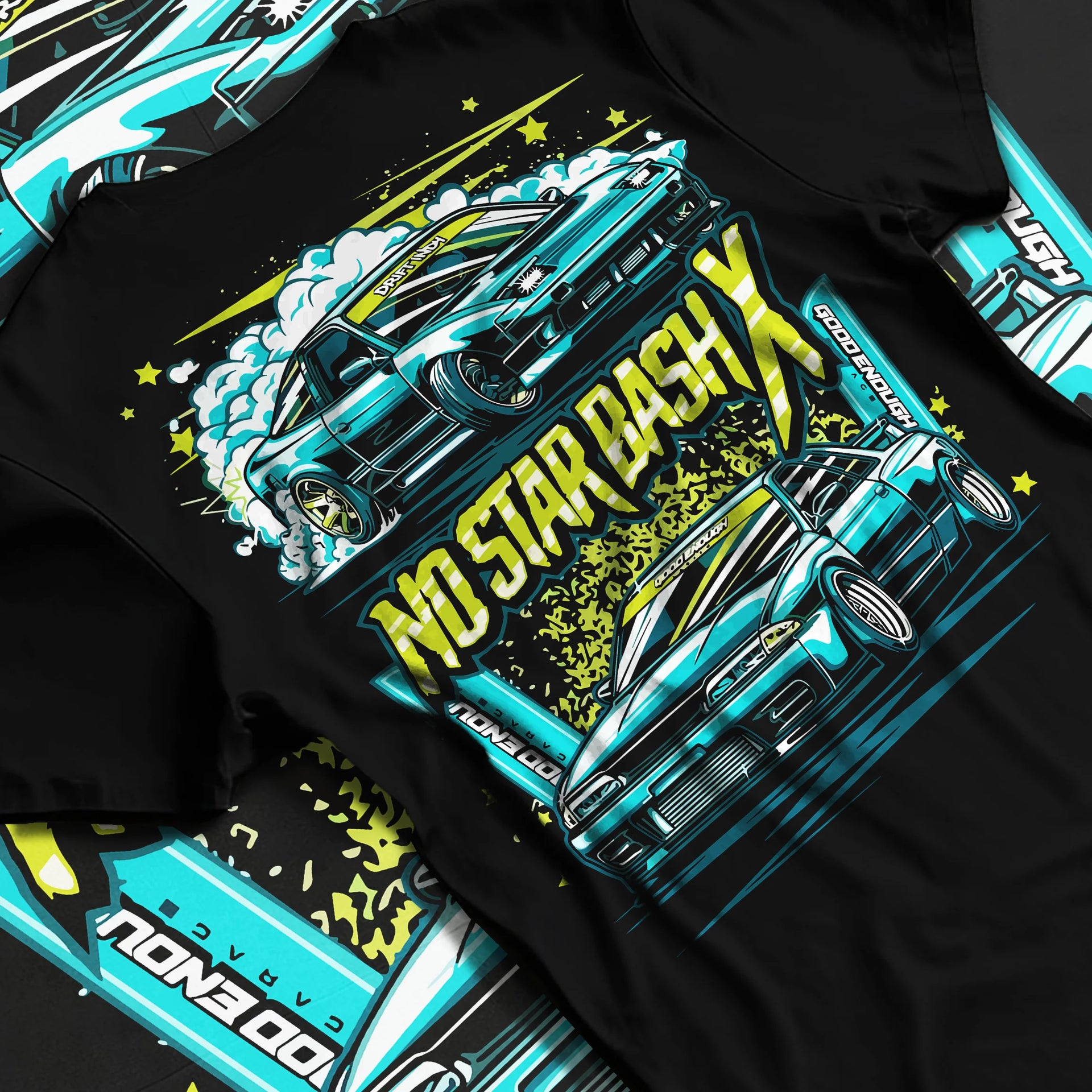 Black T-shirt laid flat with natural fabric folds, featuring STI street racing performance motorsport automotive enthusiast graphic.