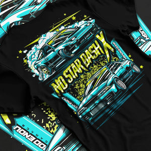 Black T-shirt laid flat with natural fabric folds, featuring STI street racing performance motorsport automotive enthusiast graphic.