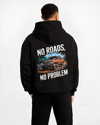 Black hoodie worn by a male model, back view, featuring street racing performance motorsport automotive enthusiast power nrnp.