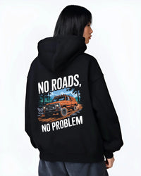 Black hoodie worn by a female model, back view, featuring street racing performance motorsport automotive enthusiast power nrnp.