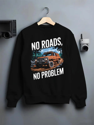 Black crewneck sweatshirt on a hanger against a grey wall, featuring street racing performance motorsport automotive nrnp.
