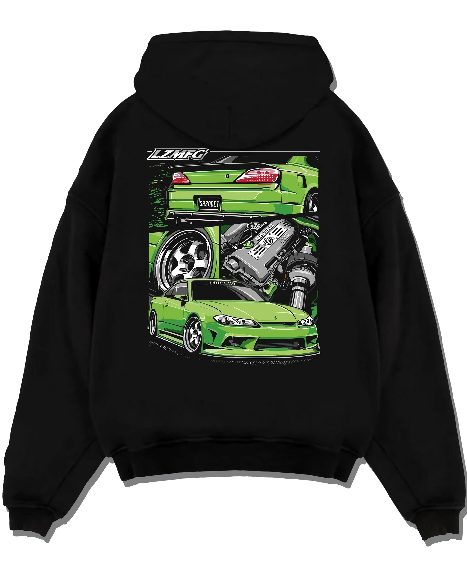 Black pullover hoodie laid flat on a white background, featuring Nissan rs turbo racing drift motorsport jdm japanese graphic.